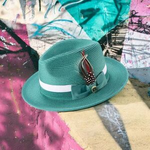 MONTIQUE MENS EMERAL2 1/2" BRIM 2 TONE FEDORA HAT W GROSGRAIN BAND & FEATHER H91